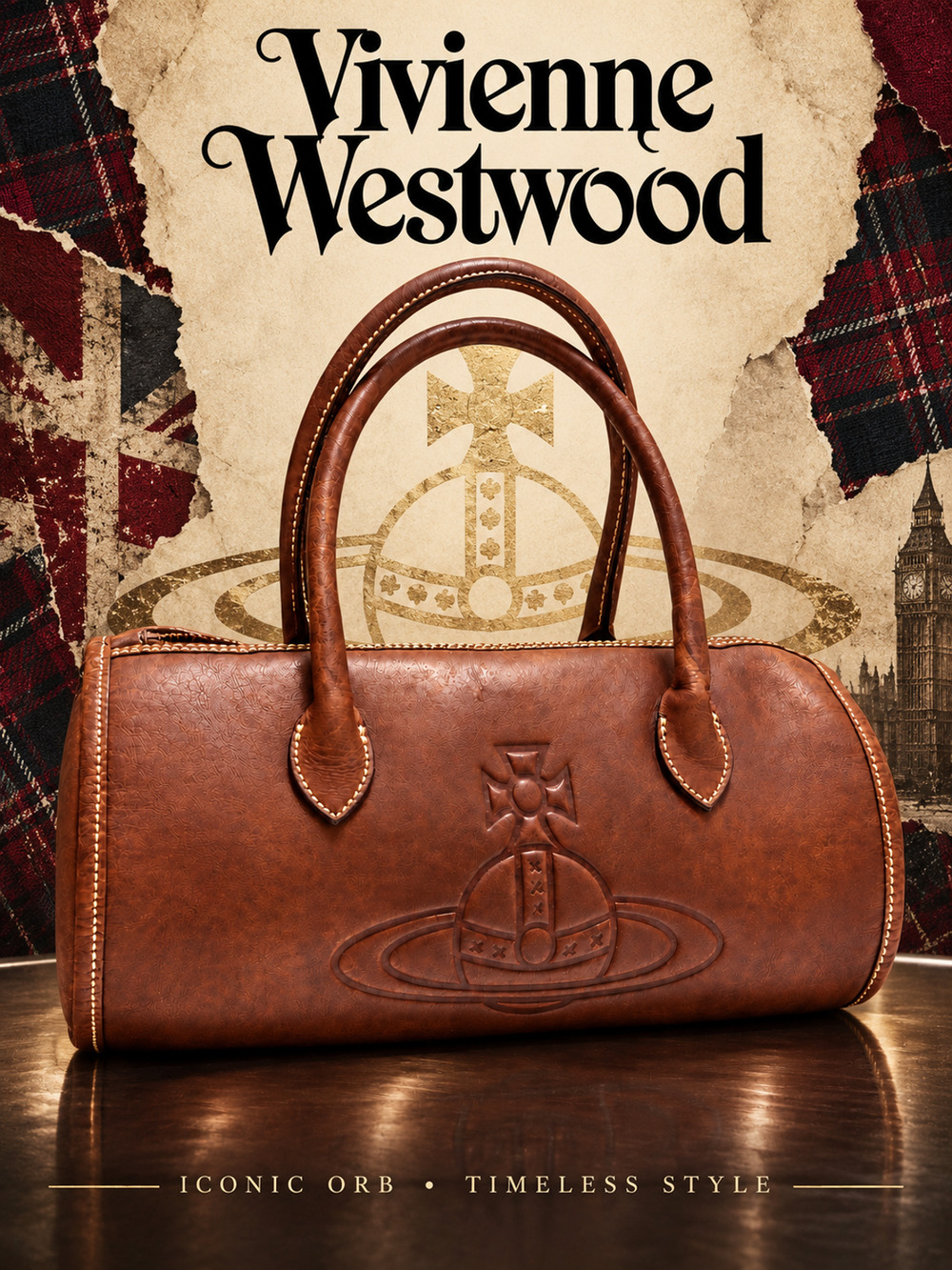 Vtg VIVIENNE WESTWOOD Brown Leather Embossed Orb Cylinder Barrel Duffle Bag Y2K
